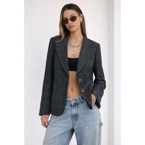 Dolce & Gabbana Designer Charcoal Gray Plaid Blazer Jacket Leopard 38 Size 2